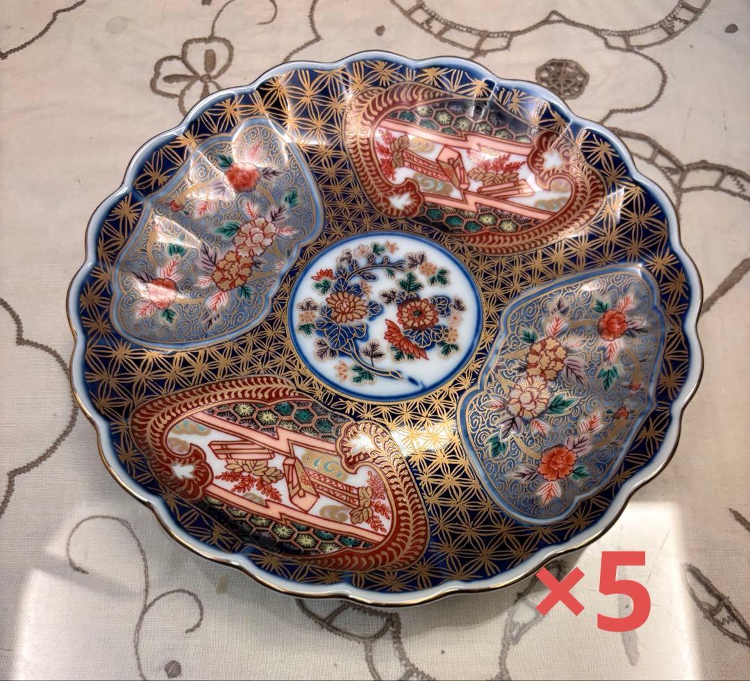 日肥其泉作　献上手古伊万里　金彩皿　５枚組