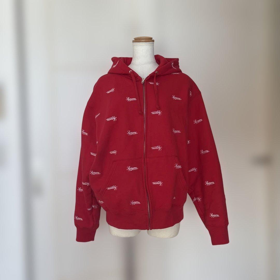 supreme赤 ロゴ刺繍 フルジップパーカー