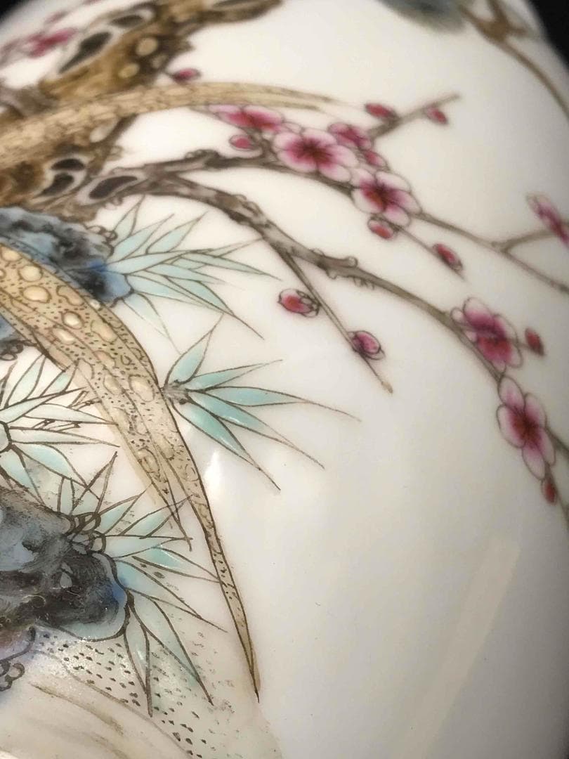 中国古美術　清時代　「大清光緒年製」在銘　粉彩花鳥詩文瓶　繊細細密(A-32)