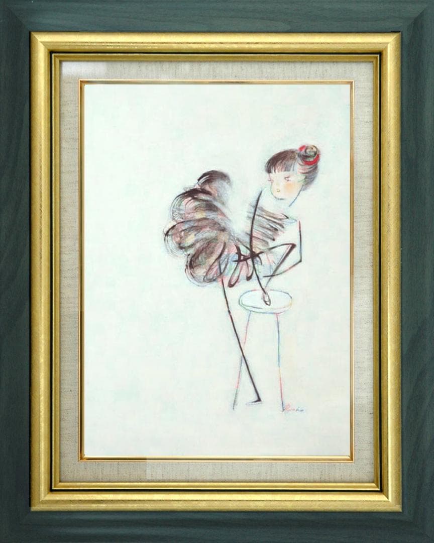 油絵 絵 絵画インテリア 額付(青緑＋金色の枠)F4-040414 女の子バレエ