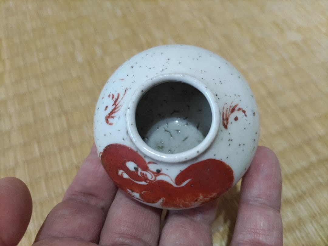 中国　赤絵　文房・水盂　獅子図・清朝・小壷