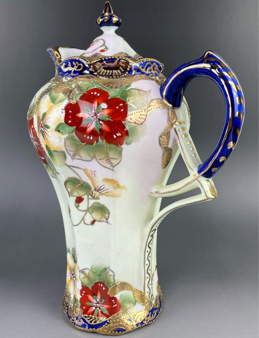 【美品】オールドニッポン 約２４cm 金盛り 花紋 チョコレートポット ティー