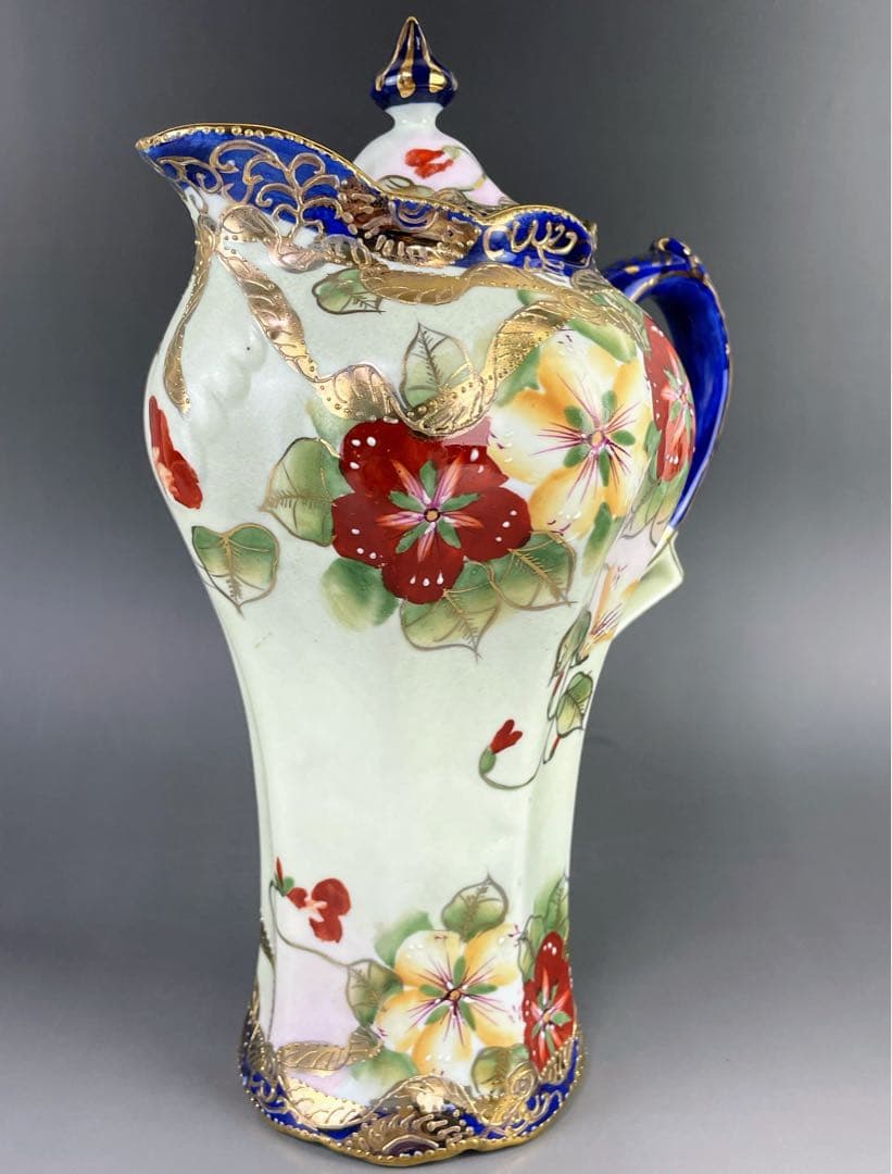 【美品】オールドニッポン 約２４cm 金盛り 花紋 チョコレートポット ティー