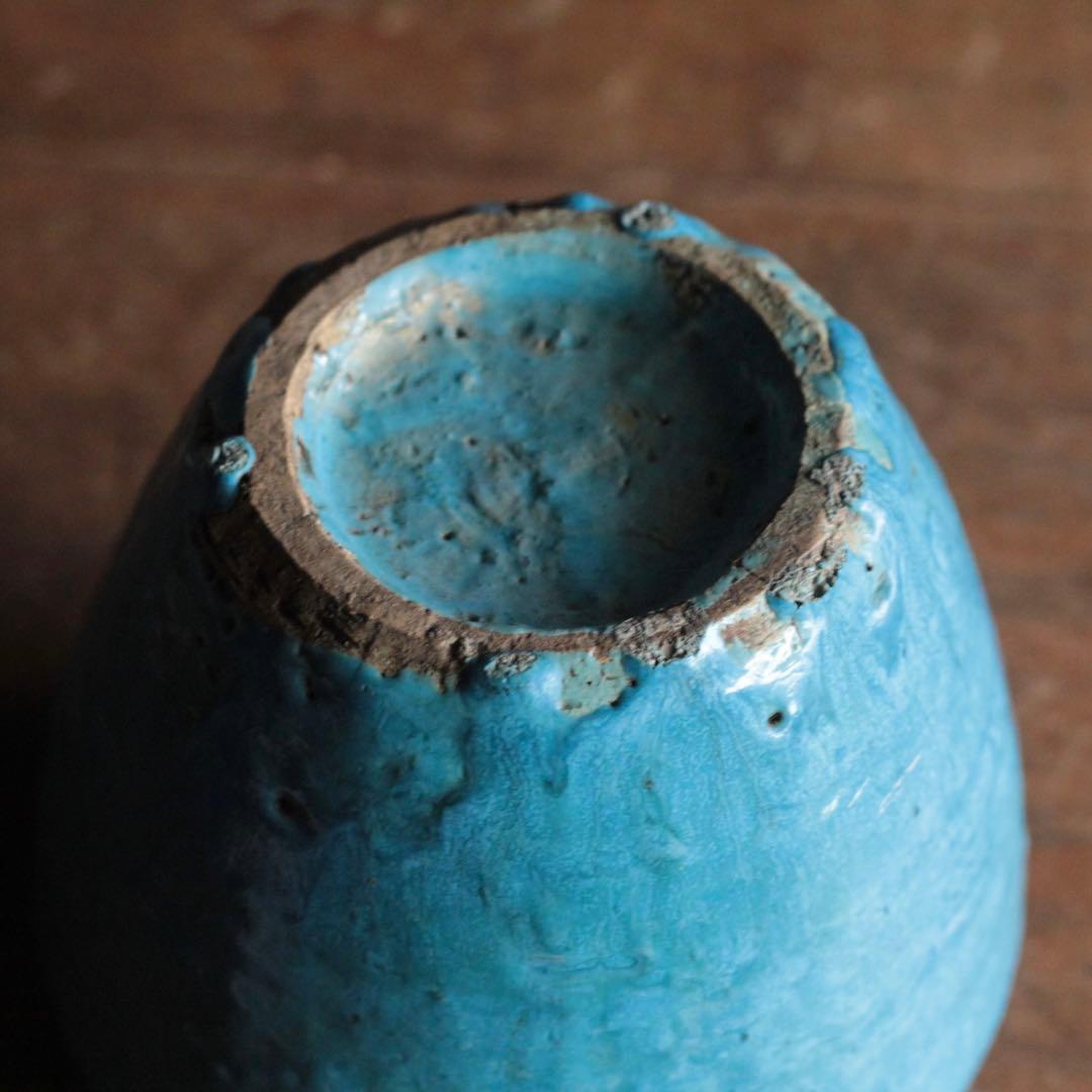 鮮やかな ターコイズブルー 壺 古道具 アンティーク 花器