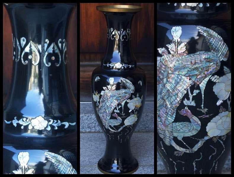 専用大型銅胎 黒漆螺鈿象嵌『鳳凰牡丹図』飾り壺 花瓶 花器 高さ68.5㎝