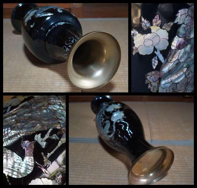 専用大型銅胎 黒漆螺鈿象嵌『鳳凰牡丹図』飾り壺 花瓶 花器 高さ68.5㎝
