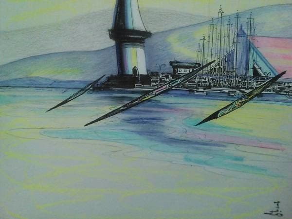 関口進、『白い灯台』、原画、証明書付、送料無料