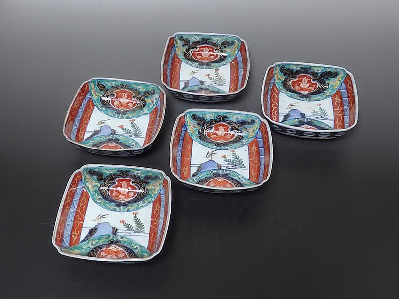 古伊万里　色絵　窓絵　花鳥紋の図　四方角皿　5客　1221AS-BFg