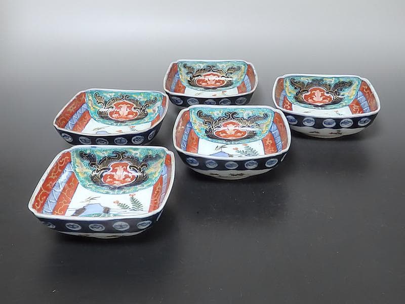 古伊万里　色絵　窓絵　花鳥紋の図　四方角皿　5客　1221AS-BFg