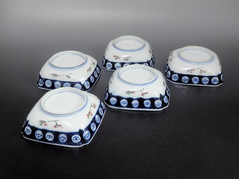 古伊万里　色絵　窓絵　花鳥紋の図　四方角皿　5客　1221AS-BFg