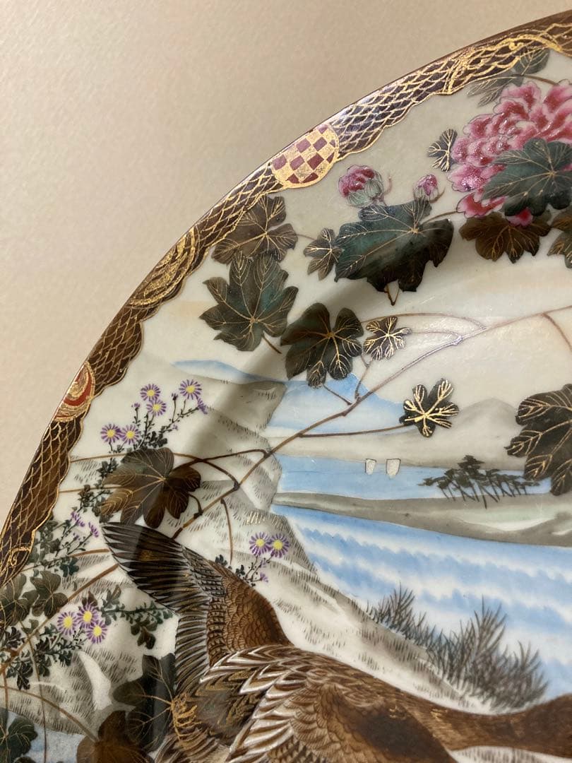 明治　手描き　夫婦雁と牡丹　大皿　2枚　縁起　時代　〈検 横濱焼　隅田焼　眞葛焼