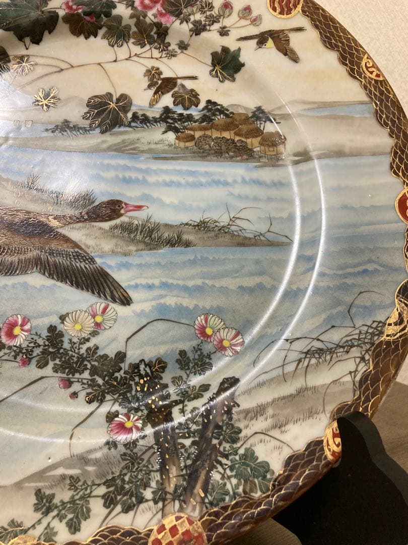 明治　手描き　夫婦雁と牡丹　大皿　2枚　縁起　時代　〈検 横濱焼　隅田焼　眞葛焼