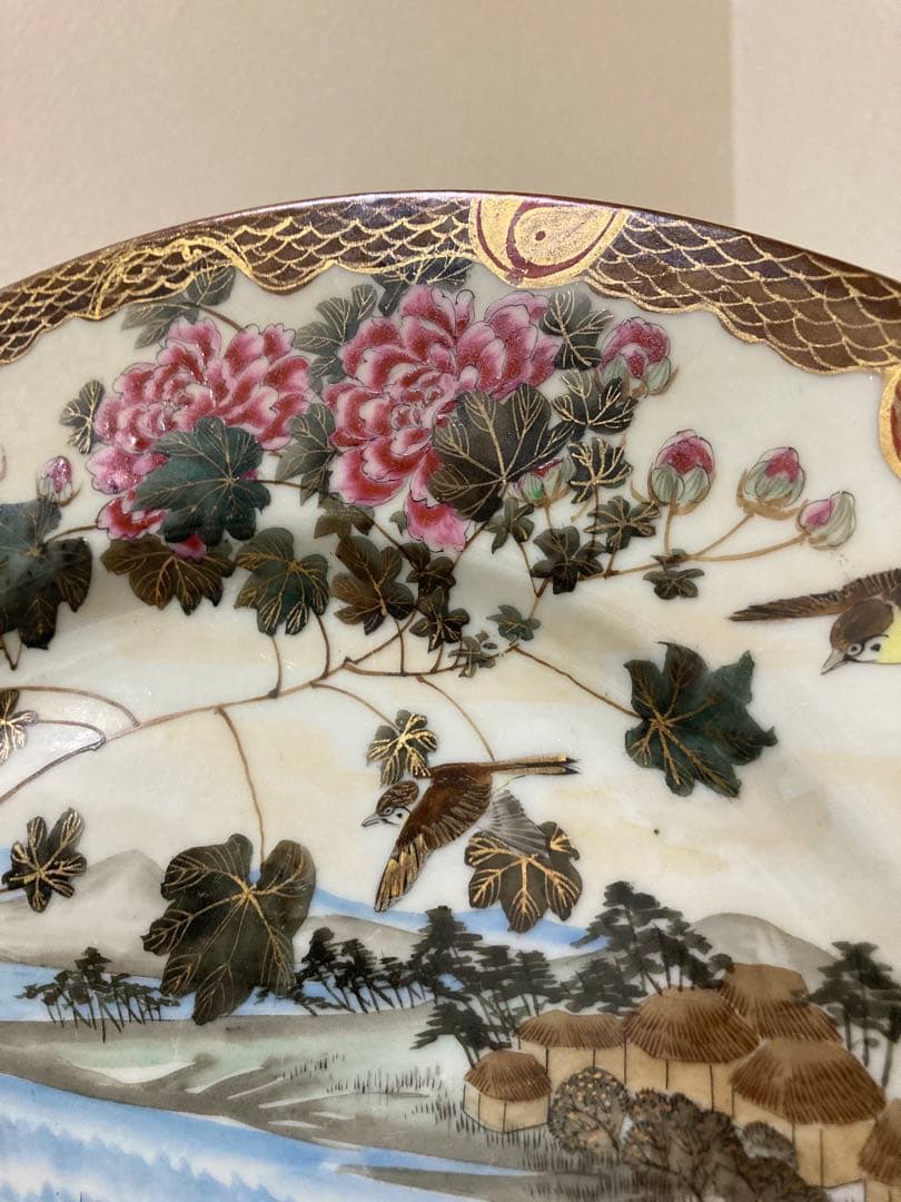 明治　手描き　夫婦雁と牡丹　大皿　2枚　縁起　時代　〈検 横濱焼　隅田焼　眞葛焼