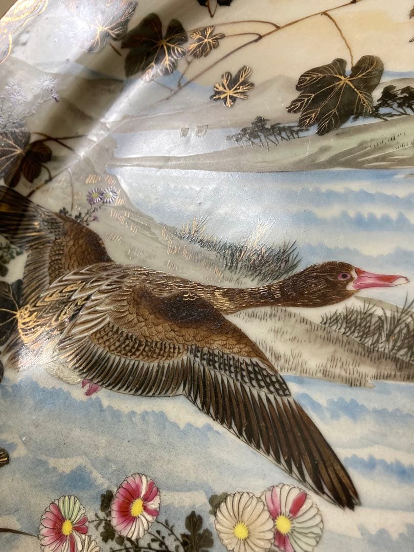 明治　手描き　夫婦雁と牡丹　大皿　2枚　縁起　時代　〈検 横濱焼　隅田焼　眞葛焼