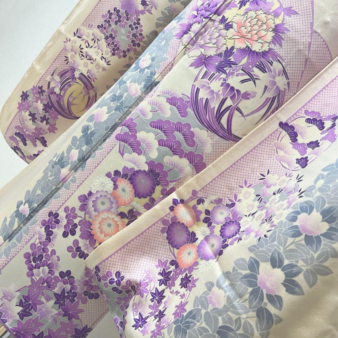 361 振袖フルセット 正絹 オフホワイト 白 薄紫 銀彩 駒刺繍 フェミニン