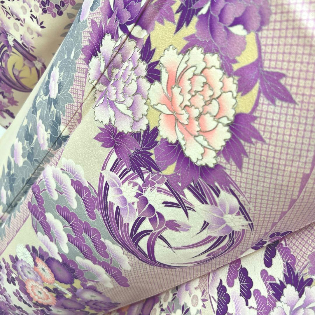 361 振袖フルセット 正絹 オフホワイト 白 薄紫 銀彩 駒刺繍 フェミニン