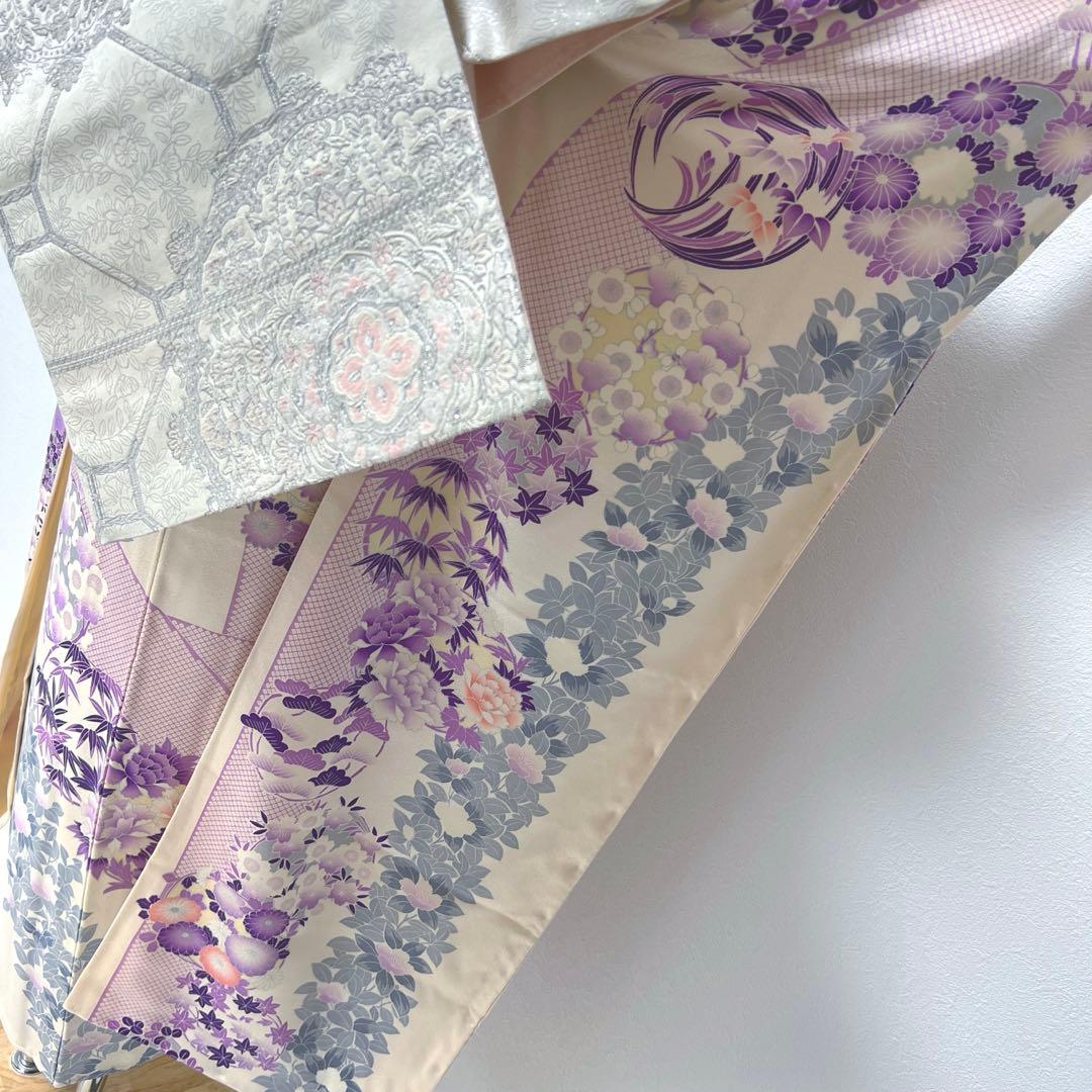 361 振袖フルセット 正絹 オフホワイト 白 薄紫 銀彩 駒刺繍 フェミニン
