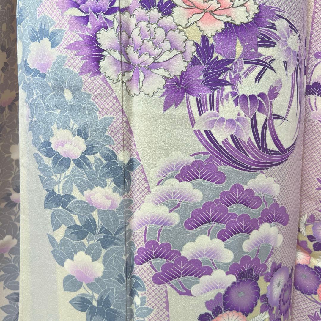 361 振袖フルセット 正絹 オフホワイト 白 薄紫 銀彩 駒刺繍 フェミニン