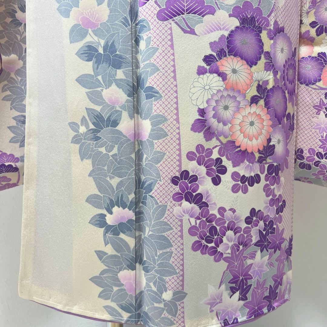 361 振袖フルセット 正絹 オフホワイト 白 薄紫 銀彩 駒刺繍 フェミニン