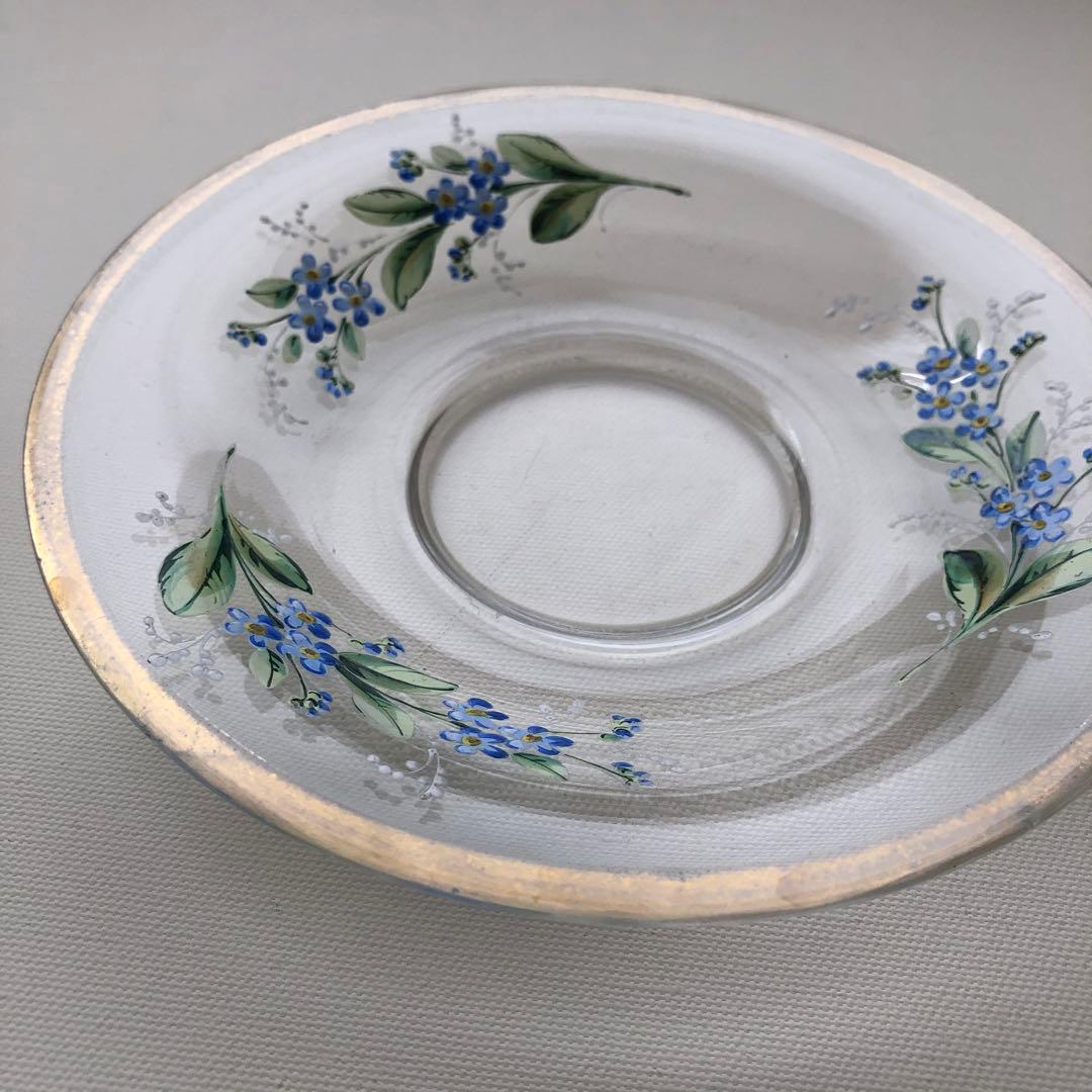 古いガラス皿　プレート　ソーサー　フランス　アンティーク　青い花　no.102