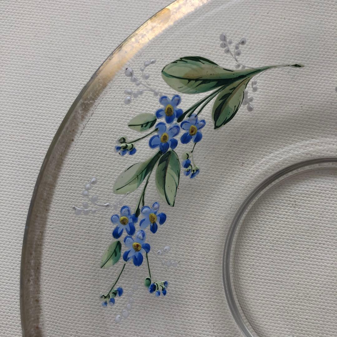 古いガラス皿　プレート　ソーサー　フランス　アンティーク　青い花　no.102