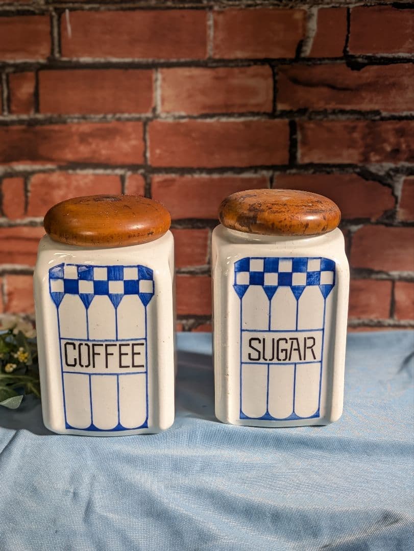 ヨーロッパ アンティーク 陶器製 木蓋 キャニスター ２点セット