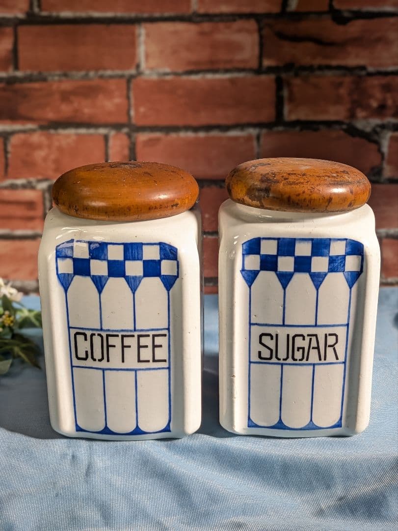 ヨーロッパ アンティーク 陶器製 木蓋 キャニスター ２点セット