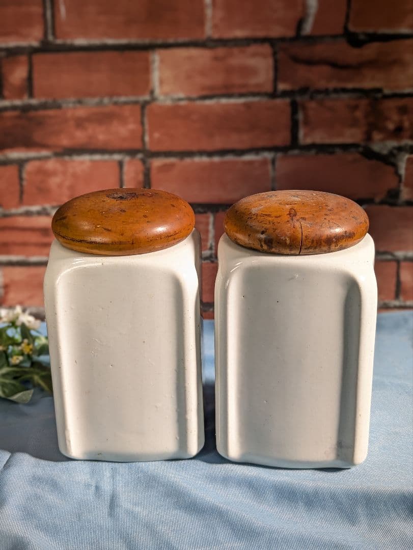 ヨーロッパ アンティーク 陶器製 木蓋 キャニスター ２点セット