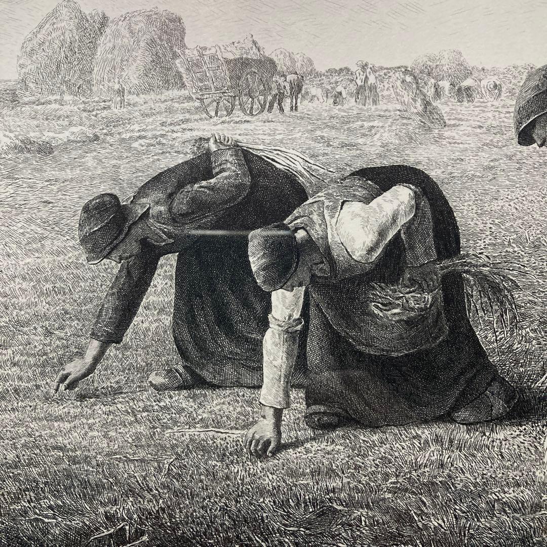 フランソワ　ミレー「落ち穂拾い」銅版画約18×24額縁38.5×49cm 紙箱付