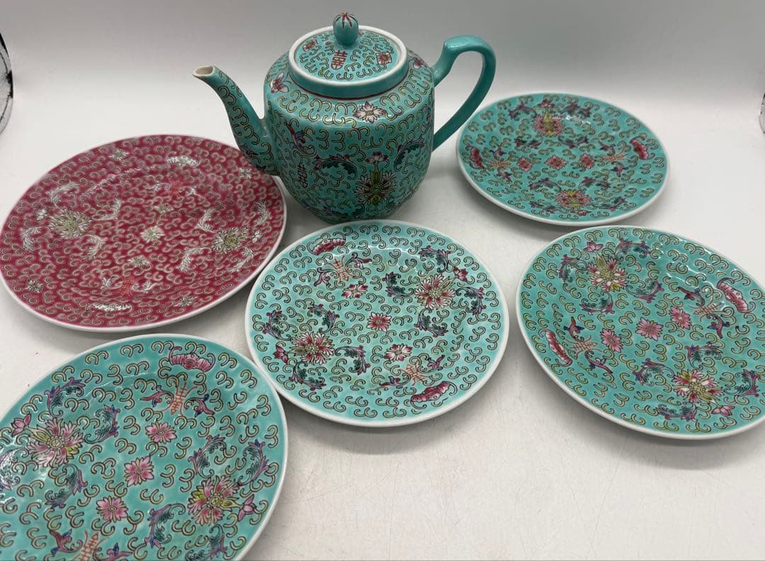 中国　景徳鎮　粉彩急須&お皿6点まとめ　送料込み251106