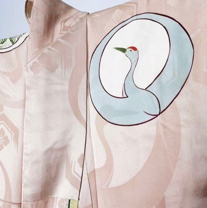 特選アンティークAPSS 鶴地文様　正絹訪問着　綸子　鶴尽くし　古美術　きもの