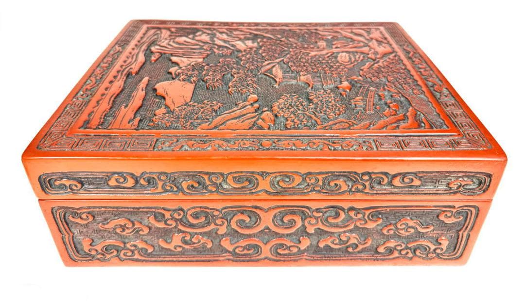剔紅 堆朱 木製山水楼閣人物図文箱 漆器 時代物 唐物 骨董 中国WWWT051