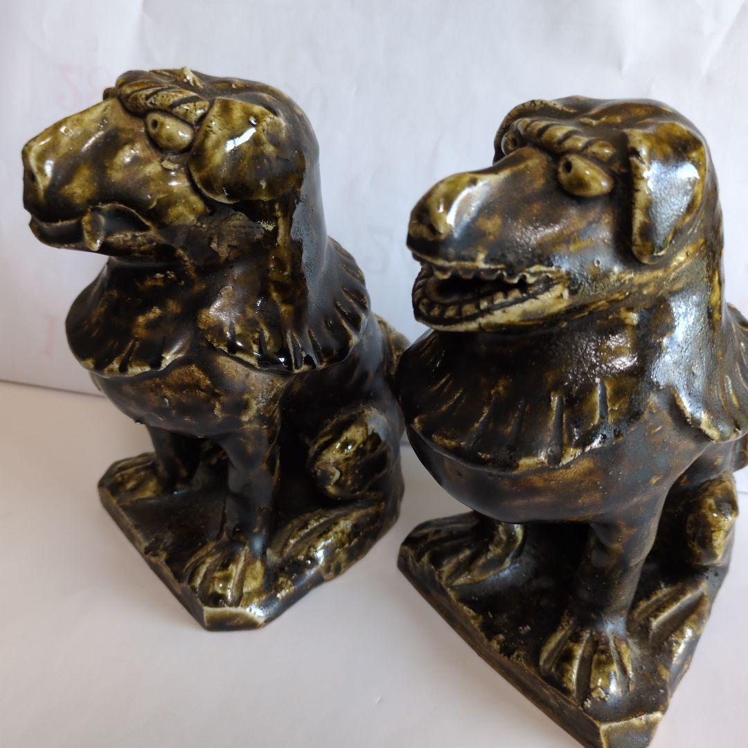 黒織部 　狛犬　阿吽像 　一対　骨董