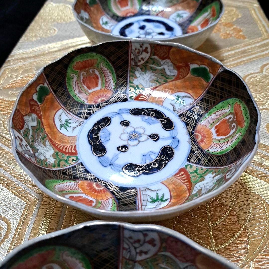 アンティーク　古伊万里　染錦　懐石皿　なます皿　5寸　6客揃　色絵　深鉢