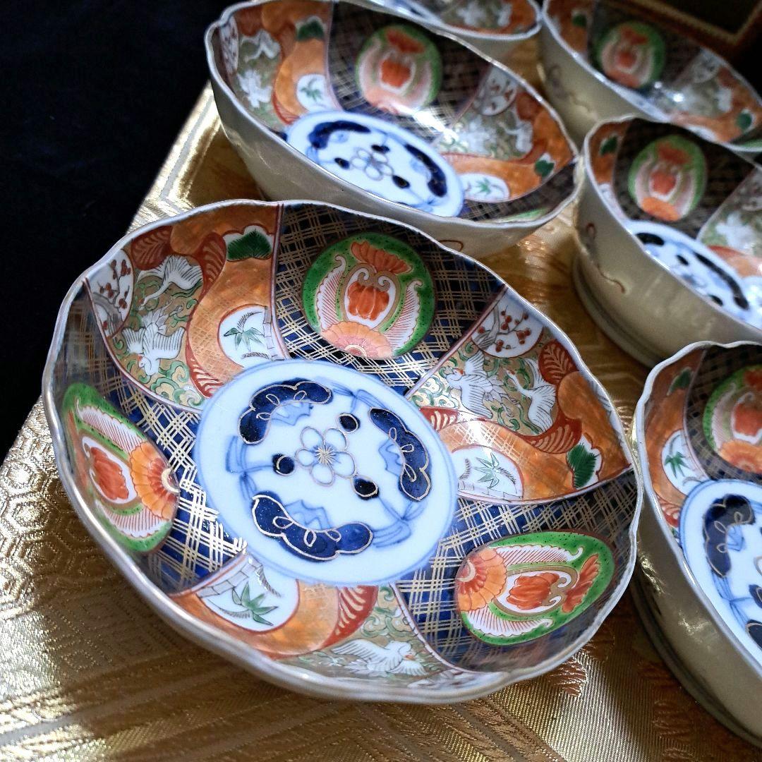 アンティーク　古伊万里　染錦　懐石皿　なます皿　5寸　6客揃　色絵　深鉢