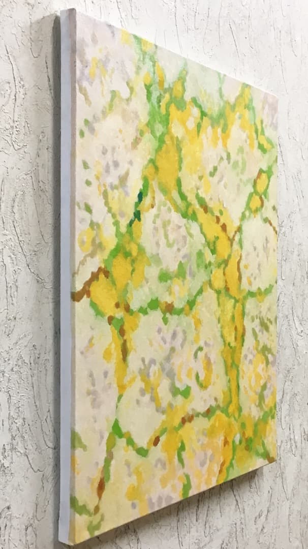 絵画 868 油絵/抽象画風/ひび割れ/黄色と緑/F10号