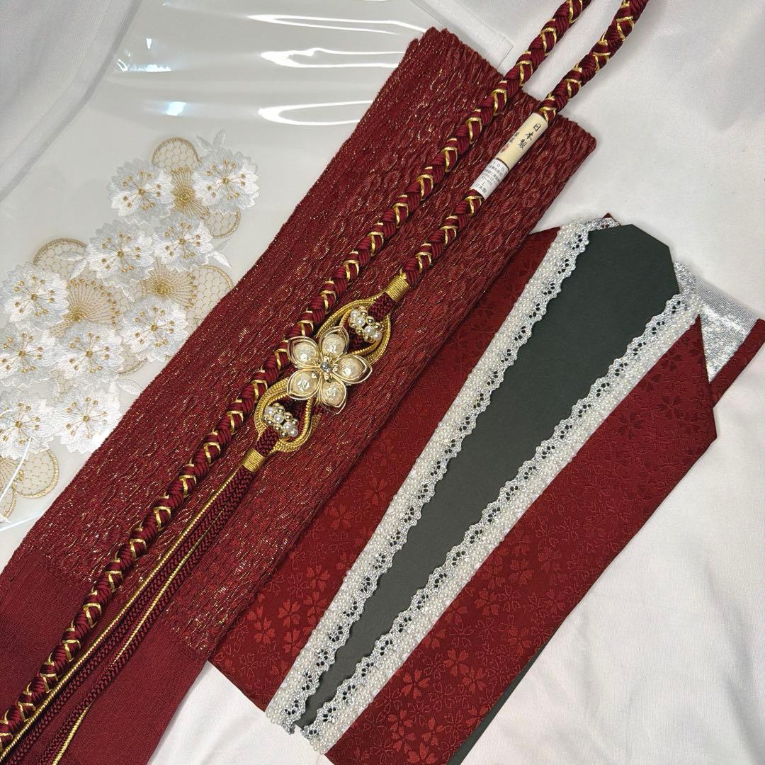 新品　2027年新作　振袖用　帯締め　帯揚げ　半襟　重ね襟　セット　ワインレッド
