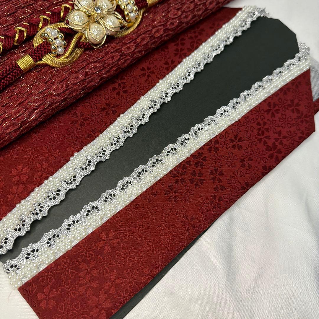 新品　2027年新作　振袖用　帯締め　帯揚げ　半襟　重ね襟　セット　ワインレッド