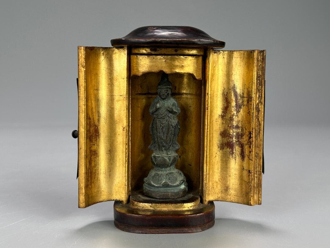 仏教美術　江戸時代　古銅製　観音像　銅仏　豆仏　時代厨子付き　古仏