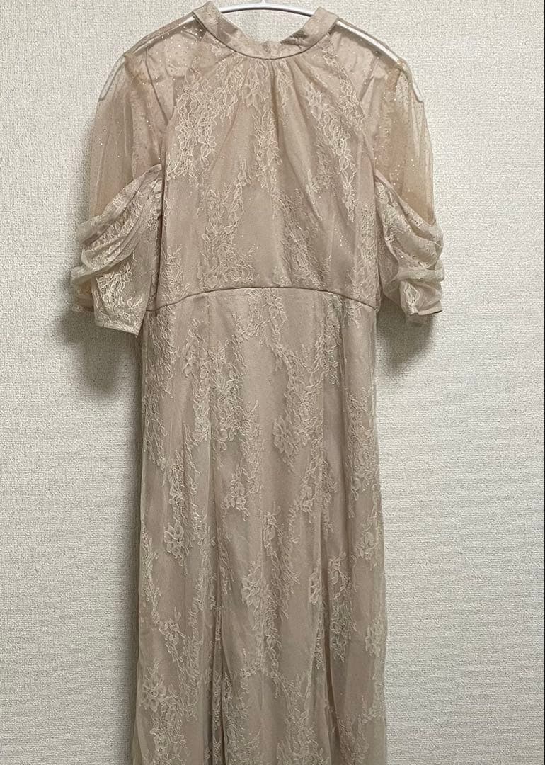 パーティードレス レースワンピ 結婚式 食事 ピンクベージュ L