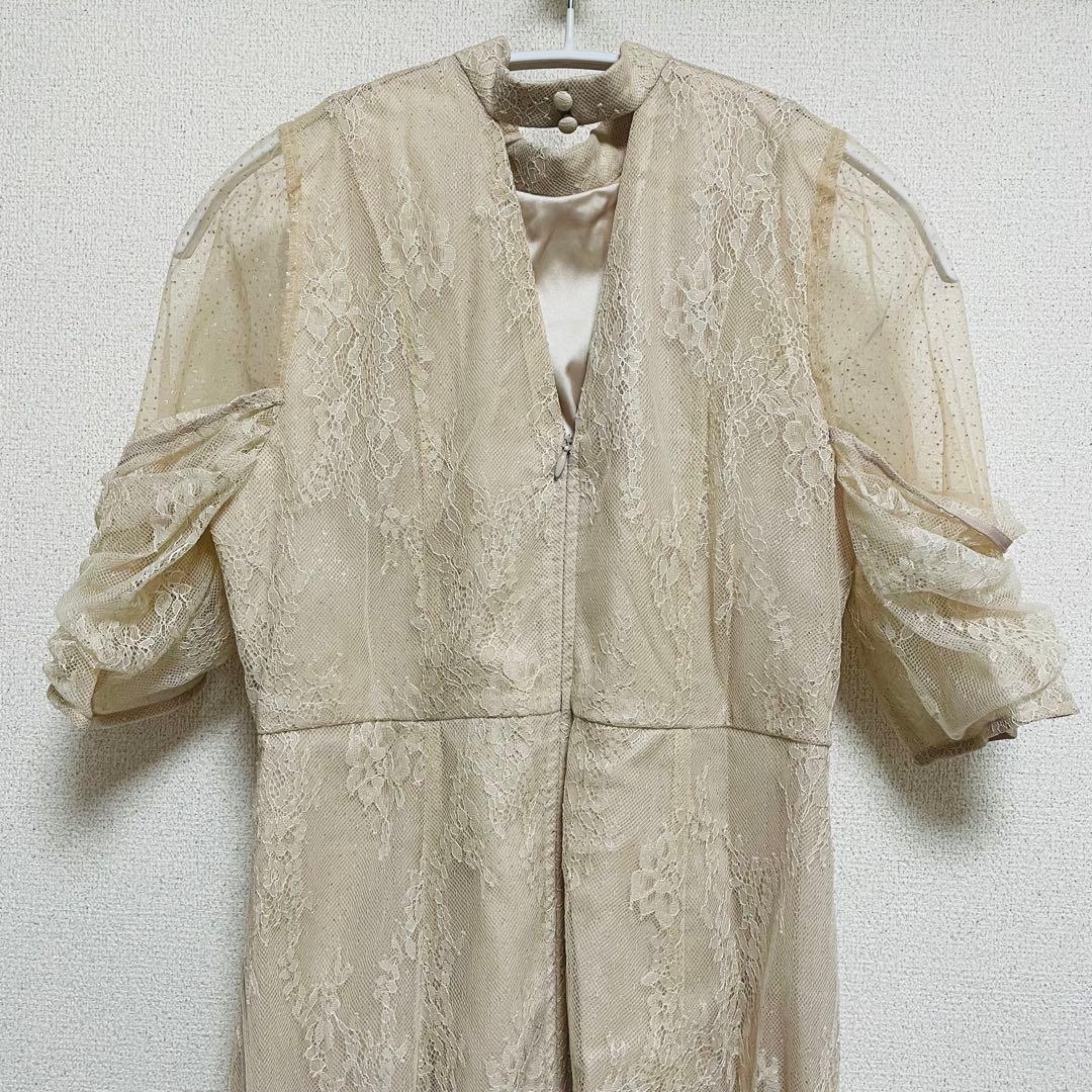 パーティードレス レースワンピ 結婚式 食事 ピンクベージュ L