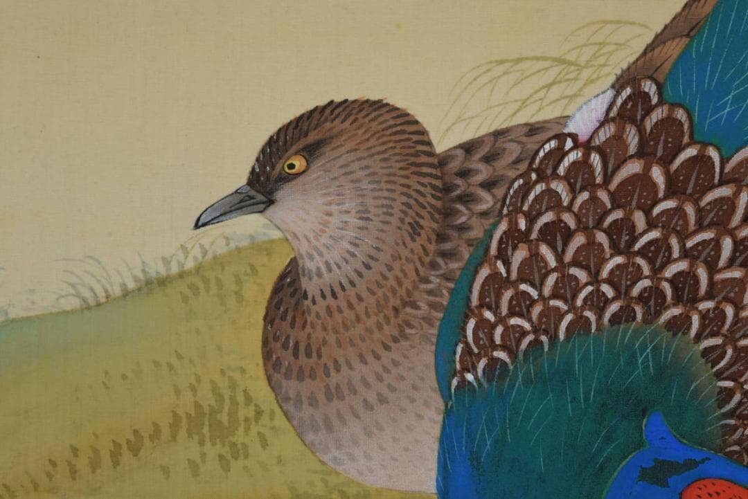 【真作】長井介浦/紅葉にキジ図/雉/雉子図/掛軸/名家伝来/AA-765