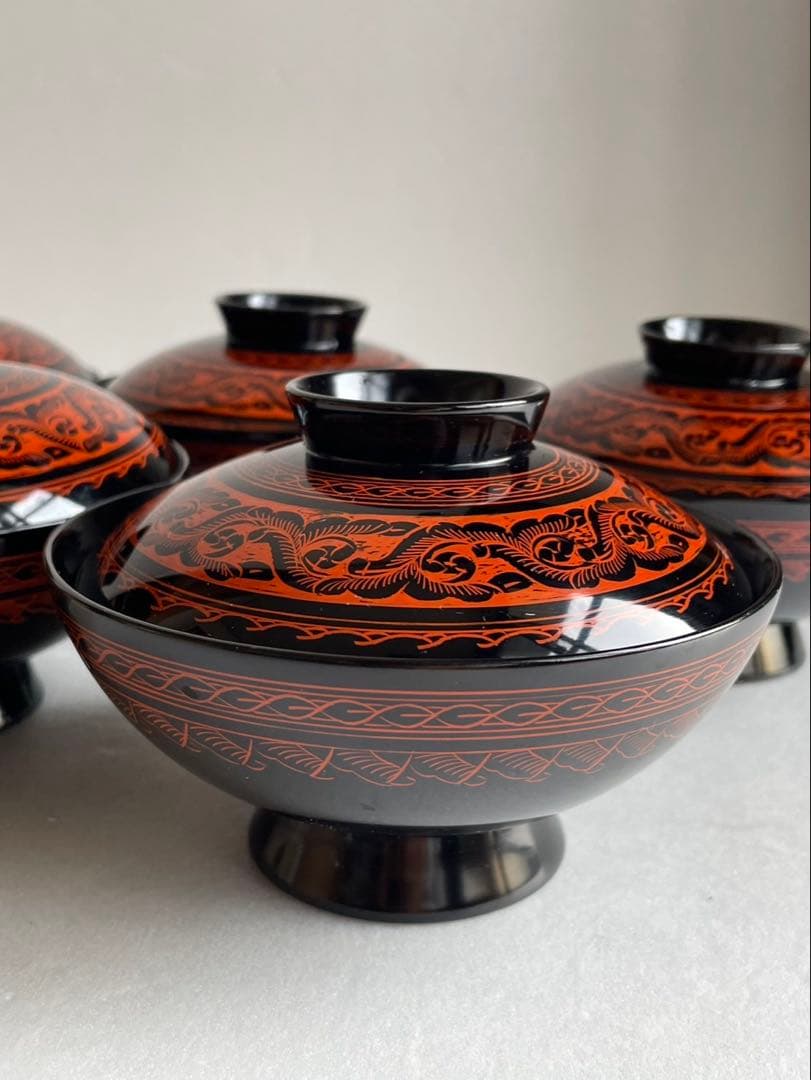 ②木製漆器　讃岐彫　昇斎作　蒟醤　吸物椀5客　　　　蓋付き椀　お椀