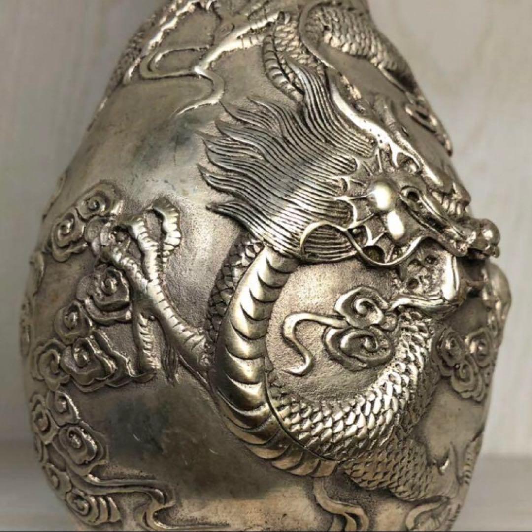 銀竜　花瓶　凹凸彫刻　銀龍置物　鎮宅　時代物　置物　インテリア縁起物