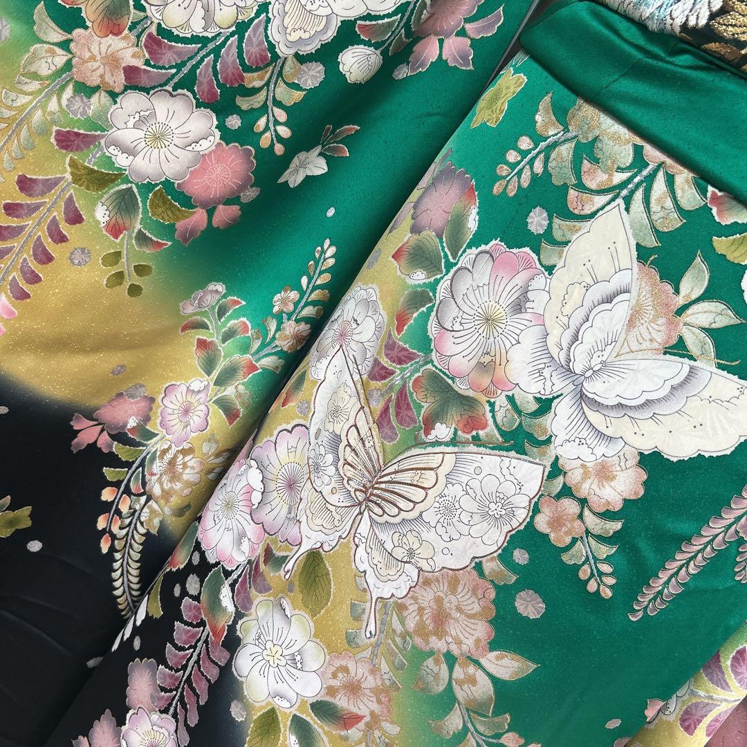 振袖　フルセット　辻が花　成人式　グリーン　ブラック　綸子　m5