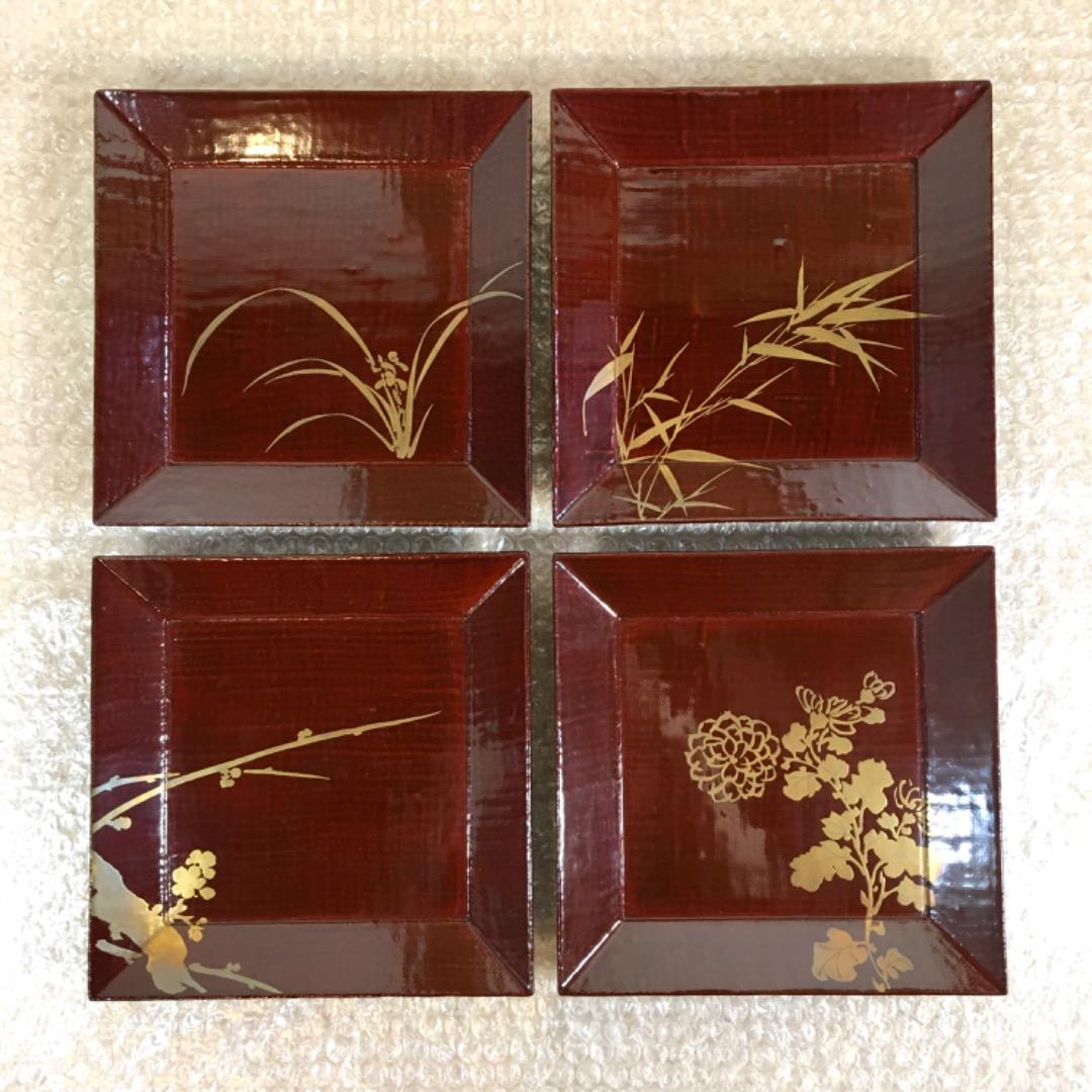 【四君子】時代漆器 盆 ２０枚 5枚1組4セット 木箱付き 布目盆 【美品】