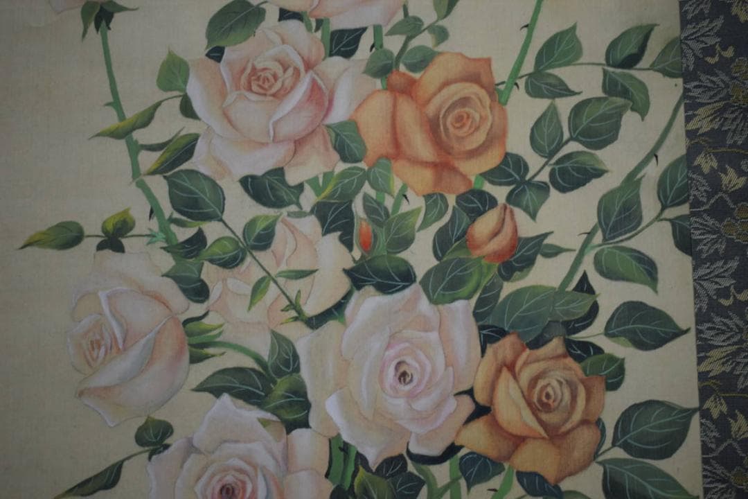 複製/盤雨/玉堂富貴/薔薇に蝶図/花鳥/花/工芸/布袋屋掛軸A-152