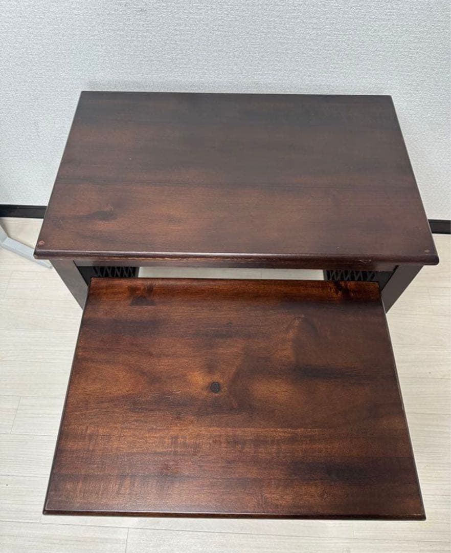 木製サイドテーブル 2段式 格子デザイン