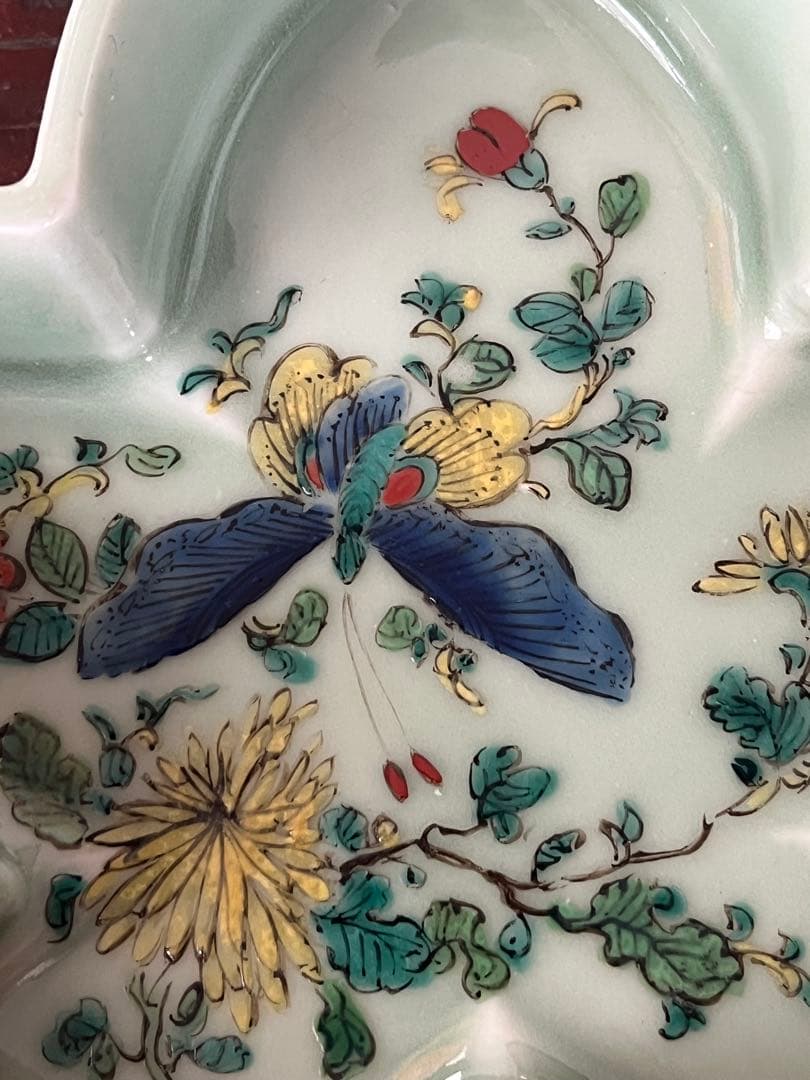 希少　注文品　清朝期　新渡　楓形鉢　五彩　蝶　虫　菊　中国古玩　変形向付菓子鉢
