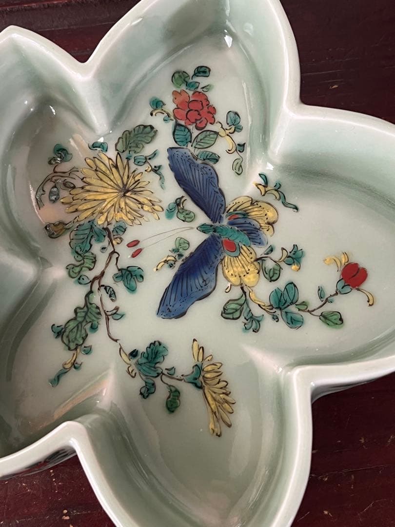 希少　注文品　清朝期　新渡　楓形鉢　五彩　蝶　虫　菊　中国古玩　変形向付菓子鉢